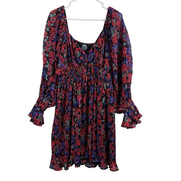 Arula New Black Floral Pleated Mini Dress 1X Long Balloon Sleeve Ruffle Cuffs - Picture 1 of 15